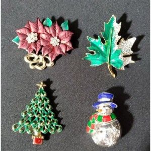 𝅺Vintage Lot of 4 Christmas Tree Poinsettia Leaf Snowman Pins Brooches Metal